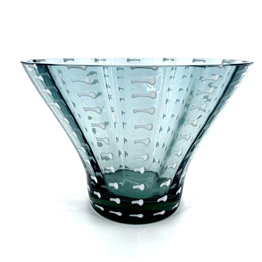 large Blown glass vase vessel bowl art smokey olive with white Tadpole design